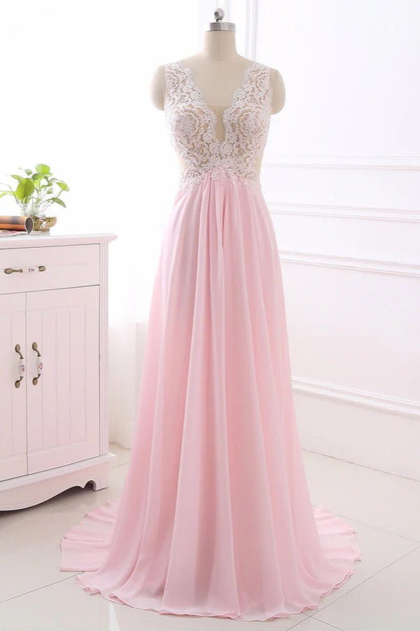 Weitese Dress Elegant A-Line V-Neck Pink Chiffon Party Dresses With Ruffles Prom Dress